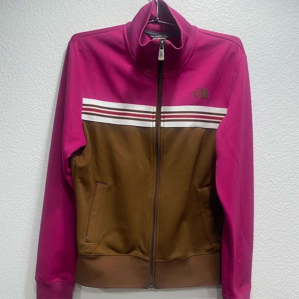 North Face Full Zipper Jacket in Fuscia Pink Brown White Stripe, Medium, Womens
